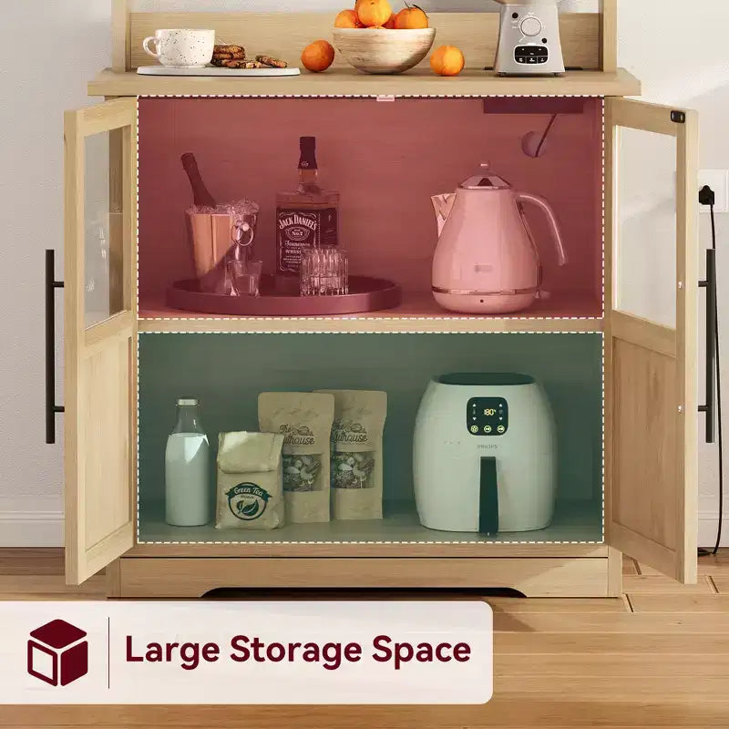 Meuble de cuisine Acekool avec prises USB et électriques, support de micro-ondes autoportant, portes vitrées, 4 étagères réglables, rangement de style ferme