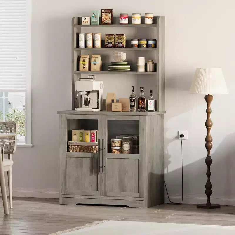 Meuble de cuisine Acekool avec prises USB et électriques, support de micro-ondes autoportant, portes vitrées, 4 étagères réglables, rangement de style ferme