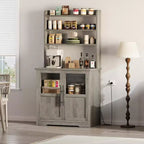 Meuble de cuisine Acekool avec prises USB et électriques, support de micro-ondes autoportant, portes vitrées, 4 étagères réglables, rangement de style ferme