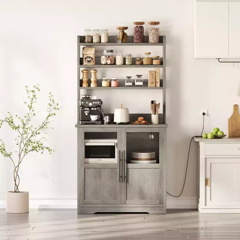 Meuble de cuisine Acekool avec prises USB et électriques, support de micro-ondes autoportant, portes vitrées, 4 étagères réglables, rangement de style ferme