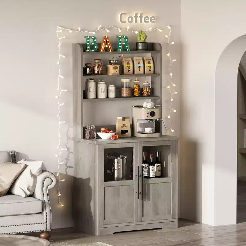 Meuble de cuisine Acekool avec prises USB et électriques, support de micro-ondes autoportant, portes vitrées, 4 étagères réglables, rangement de style ferme