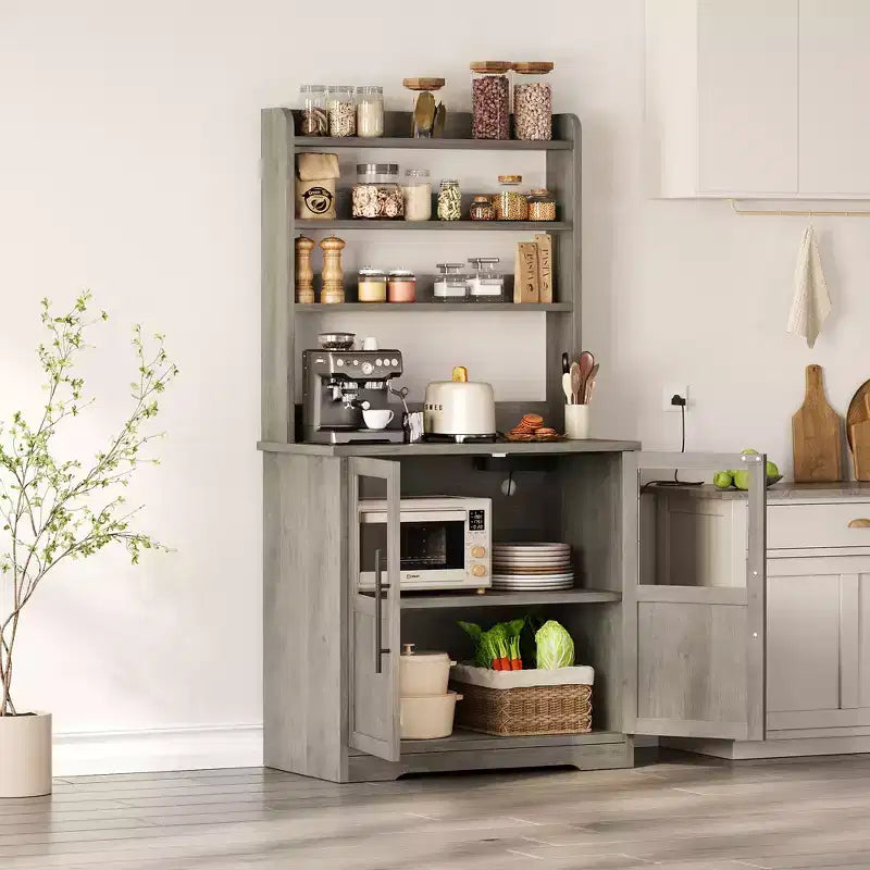 Meuble de cuisine Acekool avec prises USB et électriques, support de micro-ondes autoportant, portes vitrées, 4 étagères réglables, rangement de style ferme
