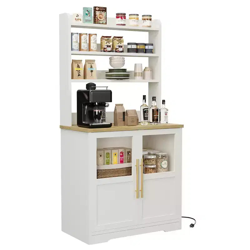 Meuble de cuisine Acekool avec prises USB et électriques, support de micro-ondes autoportant, portes vitrées, 4 étagères réglables, rangement de style ferme