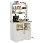 Meuble de cuisine Acekool avec prises USB et électriques, support de micro-ondes autoportant, portes vitrées, 4 étagères réglables, rangement de style ferme