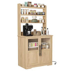 Meuble de cuisine Acekool avec prises USB et électriques, support de micro-ondes autoportant, portes vitrées, 4 étagères réglables, rangement de style ferme