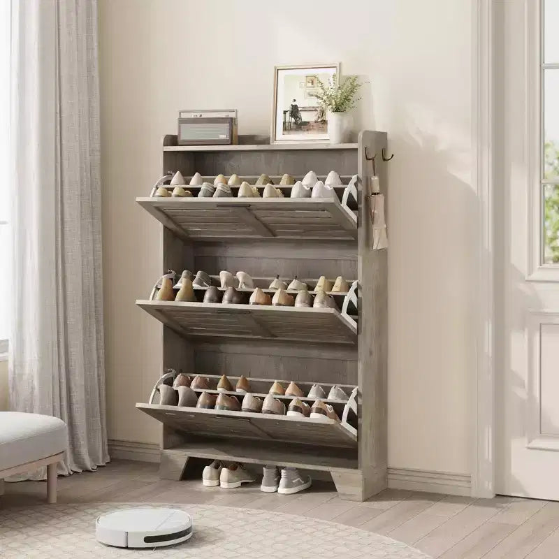 Slim 3-Drawer Shoe Cabinet with Ventilated Doors & Hooks - Space-Saving Entryway Storage Organizer