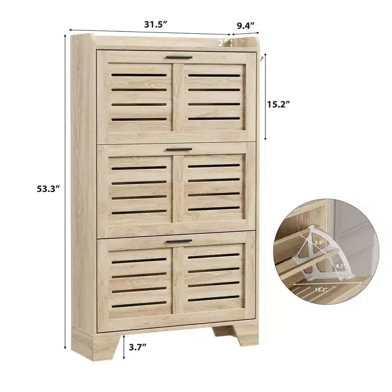 Slim 3-Drawer Shoe Cabinet with Ventilated Doors & Hooks - Space-Saving Entryway Storage Organizer