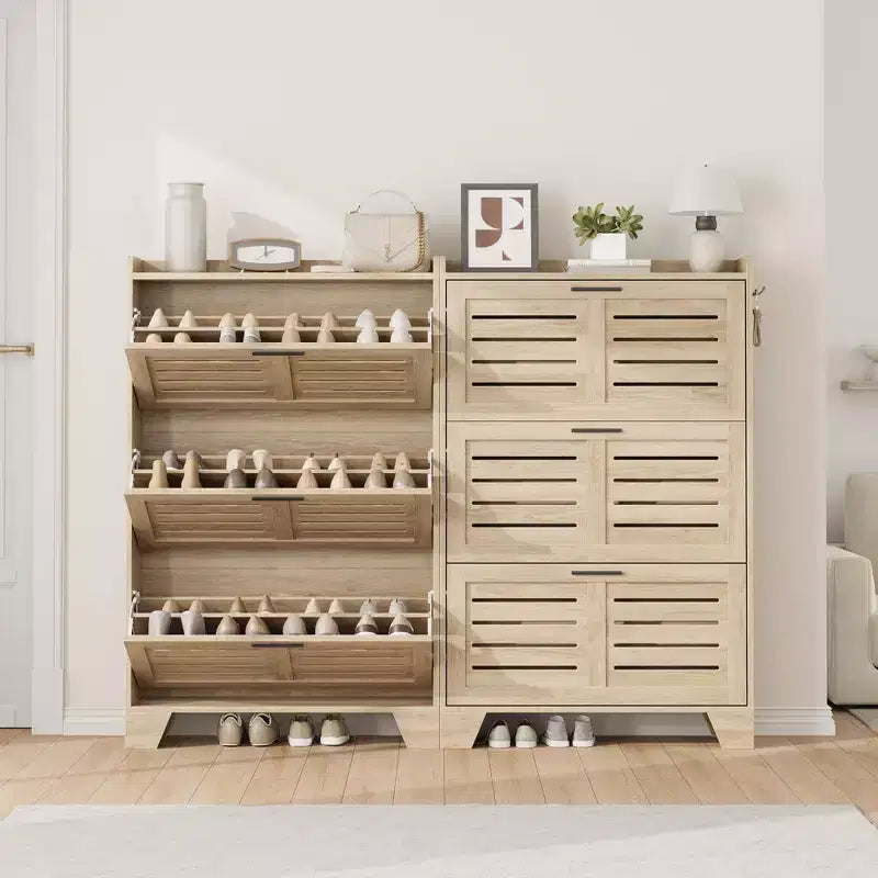 Slim 3-Drawer Shoe Cabinet with Ventilated Doors & Hooks - Space-Saving Entryway Storage Organizer