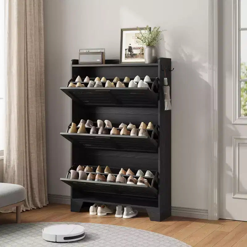 Slim 3-Drawer Shoe Cabinet with Ventilated Doors & Hooks - Space-Saving Entryway Storage Organizer