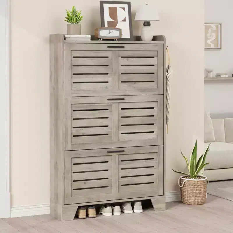 Slim 3-Drawer Shoe Cabinet with Ventilated Doors & Hooks - Space-Saving Entryway Storage Organizer