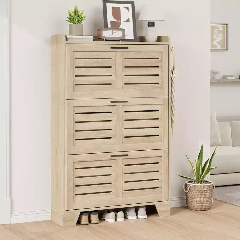 Slim 3-Drawer Shoe Cabinet with Ventilated Doors & Hooks - Space-Saving Entryway Storage Organizer