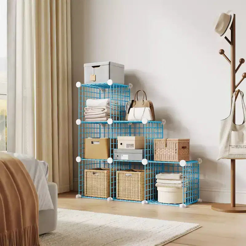 Organisateur d'entrée moderne à 6 cubes, modulable en grille métallique empilable, assemblage rapide pour chaussures, sacs et accessoires