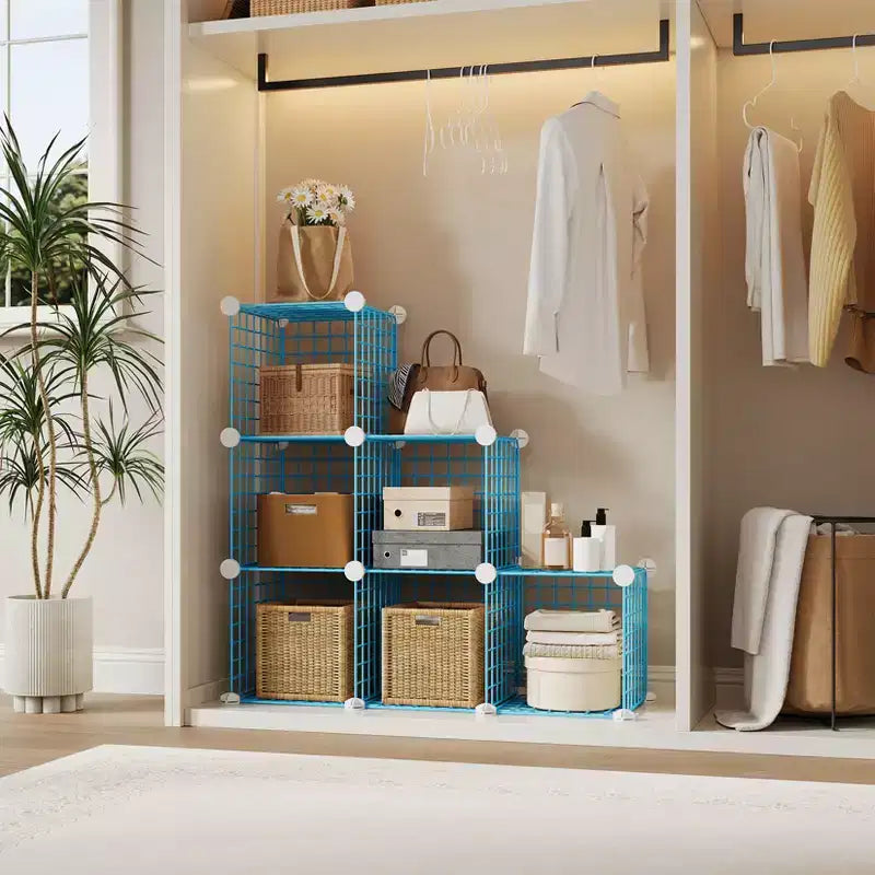 Organisateur d'entrée moderne à 6 cubes, modulable en grille métallique empilable, assemblage rapide pour chaussures, sacs et accessoires