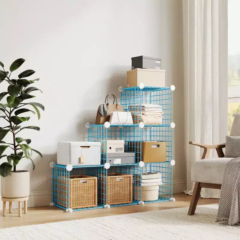 Organisateur d'entrée moderne à 6 cubes, modulable en grille métallique empilable, assemblage rapide pour chaussures, sacs et accessoires