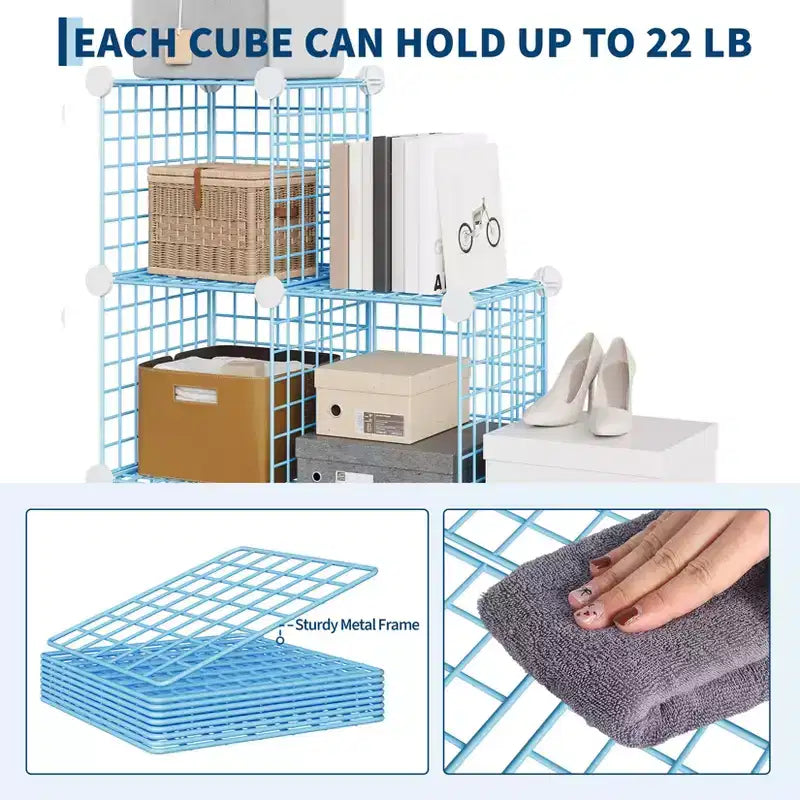 Organisateur d'entrée moderne à 6 cubes, modulable en grille métallique empilable, assemblage rapide pour chaussures, sacs et accessoires
