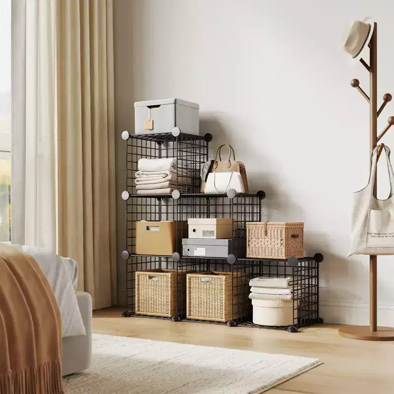 Organisateur d'entrée moderne à 6 cubes, modulable en grille métallique empilable, assemblage rapide pour chaussures, sacs et accessoires
