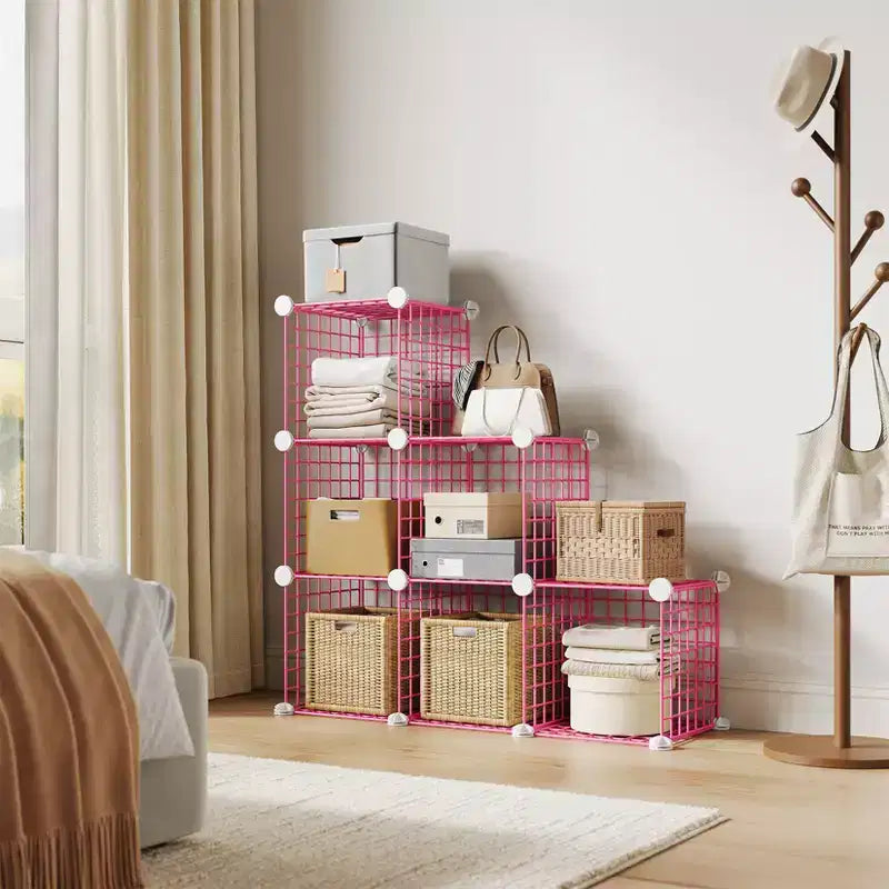 Organisateur d'entrée moderne à 6 cubes, modulable en grille métallique empilable, assemblage rapide pour chaussures, sacs et accessoires