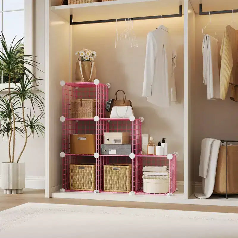 Organisateur d'entrée moderne à 6 cubes, modulable en grille métallique empilable, assemblage rapide pour chaussures, sacs et accessoires