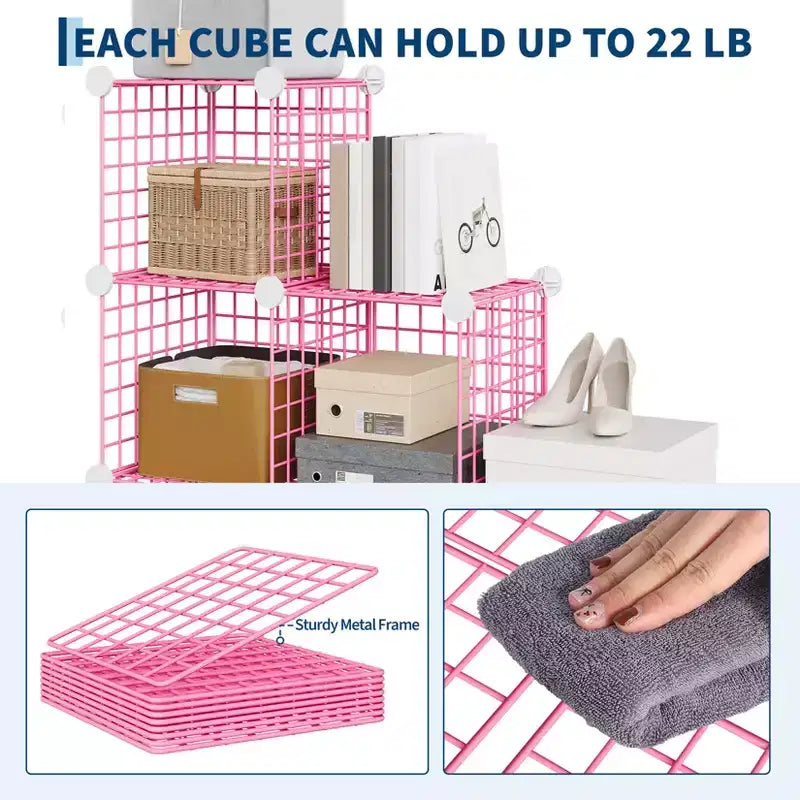 Organisateur d'entrée moderne à 6 cubes, modulable en grille métallique empilable, assemblage rapide pour chaussures, sacs et accessoires