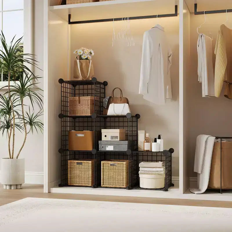 Organisateur d'entrée moderne à 6 cubes, modulable en grille métallique empilable, assemblage rapide pour chaussures, sacs et accessoires