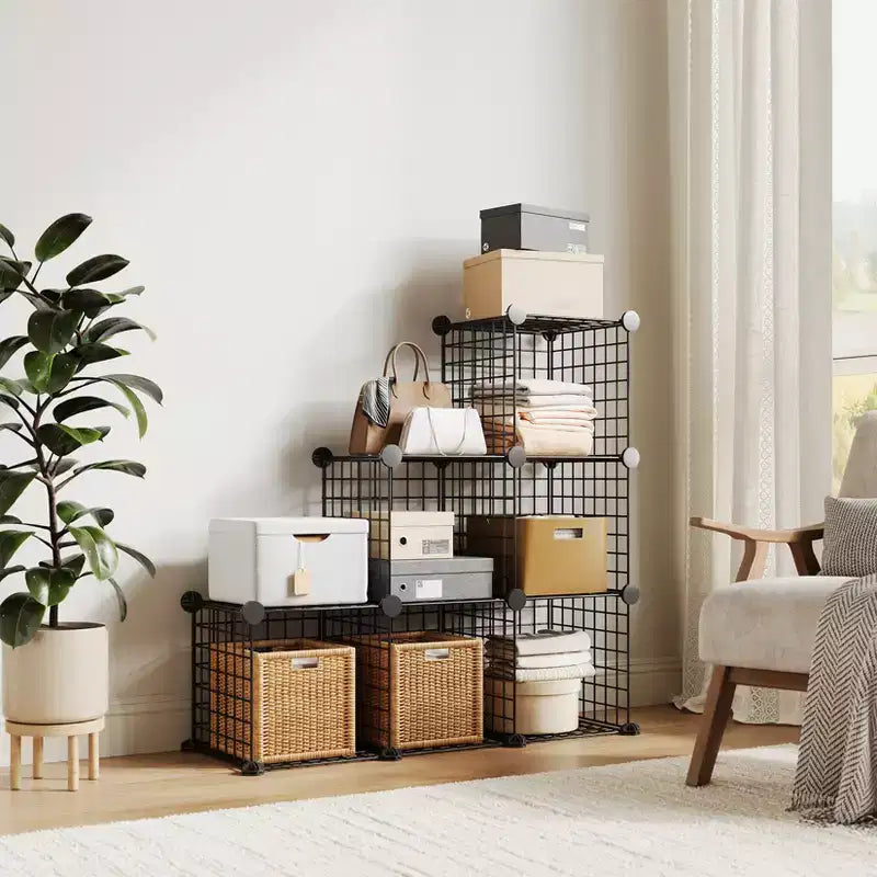 Organisateur d'entrée moderne à 6 cubes, modulable en grille métallique empilable, assemblage rapide pour chaussures, sacs et accessoires