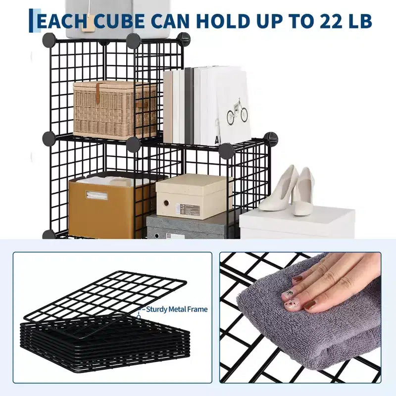 Organisateur d'entrée moderne à 6 cubes, modulable en grille métallique empilable, assemblage rapide pour chaussures, sacs et accessoires