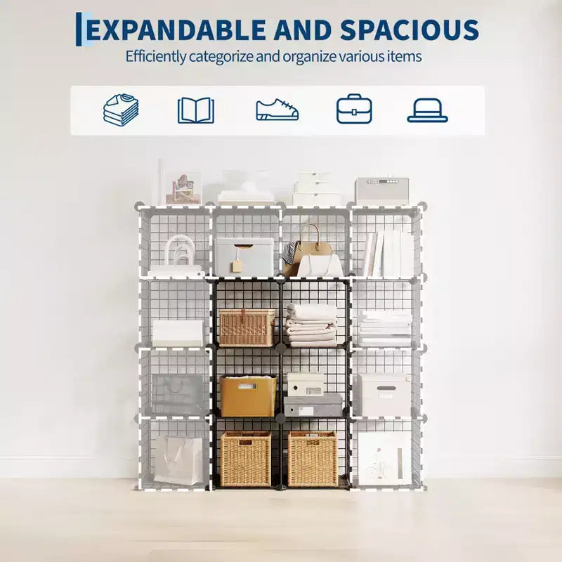 Organisateur d'entrée moderne à 6 cubes, modulable en grille métallique empilable, assemblage rapide pour chaussures, sacs et accessoires