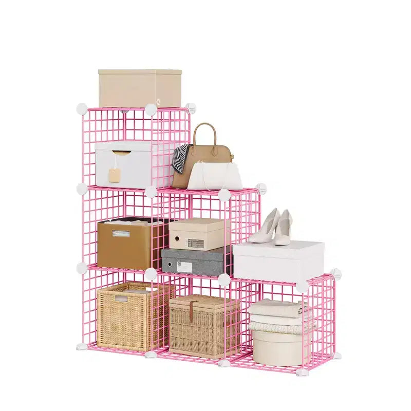 Organisateur d'entrée moderne à 6 cubes, modulable en grille métallique empilable, assemblage rapide pour chaussures, sacs et accessoires