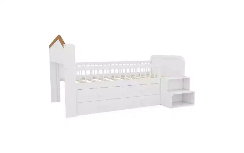 Lit mezzanine bas JVNOXK avec lumières LED, lit superposé en bois avec tête de lit en forme de maison, lit mezzanine enfant avec tiroirs de rangement, blanc