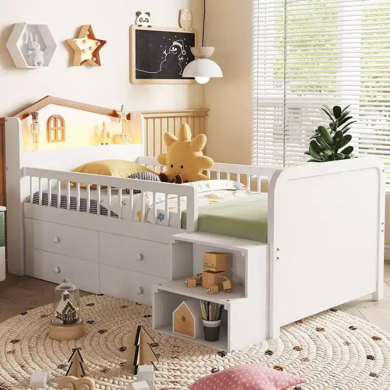 Lit mezzanine bas JVNOXK avec lumières LED, lit superposé en bois avec tête de lit en forme de maison, lit mezzanine enfant avec tiroirs de rangement, blanc