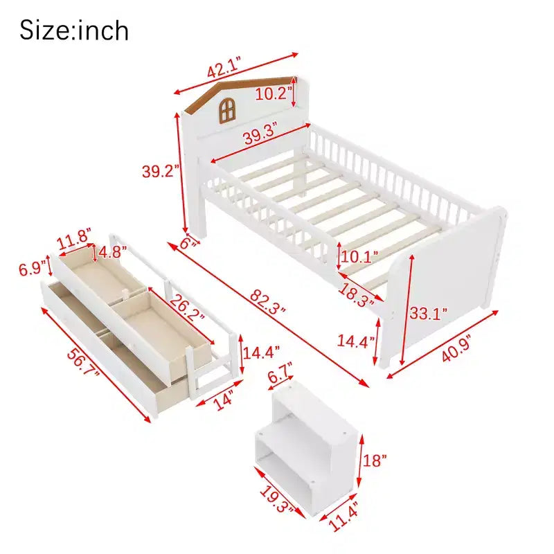 Lit mezzanine bas JVNOXK avec lumières LED, lit superposé en bois avec tête de lit en forme de maison, lit mezzanine enfant avec tiroirs de rangement, blanc