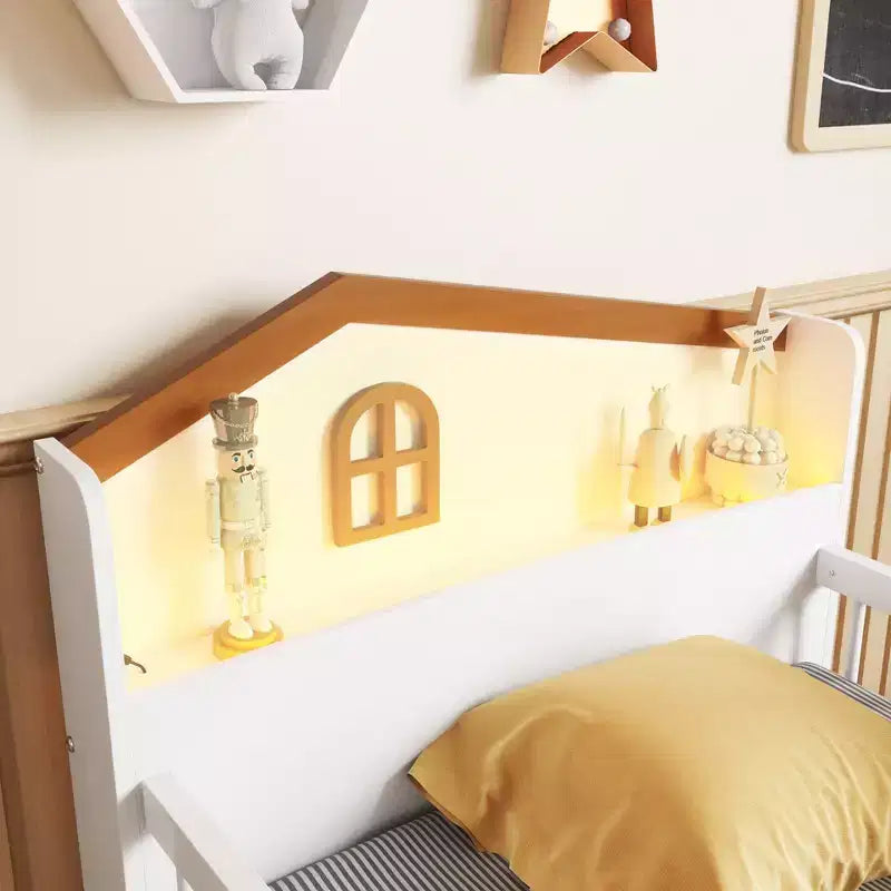 Lit mezzanine bas JVNOXK avec lumières LED, lit superposé en bois avec tête de lit en forme de maison, lit mezzanine enfant avec tiroirs de rangement, blanc
