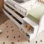 Lit mezzanine bas JVNOXK avec lumières LED, lit superposé en bois avec tête de lit en forme de maison, lit mezzanine enfant avec tiroirs de rangement, blanc