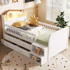 Lit mezzanine bas JVNOXK avec lumières LED, lit superposé en bois avec tête de lit en forme de maison, lit mezzanine enfant avec tiroirs de rangement, blanc
