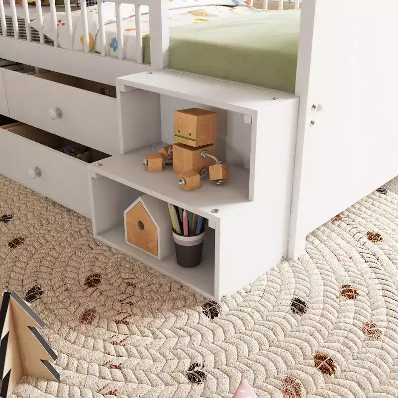 Lit mezzanine bas JVNOXK avec lumières LED, lit superposé en bois avec tête de lit en forme de maison, lit mezzanine enfant avec tiroirs de rangement, blanc
