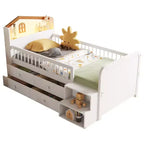 Lit mezzanine bas JVNOXK avec lumières LED, lit superposé en bois avec tête de lit en forme de maison, lit mezzanine enfant avec tiroirs de rangement, blanc