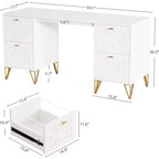 Lantine 59-Inch White Desk with Drawers, Modern Office Desk Writing Table with Gold Legs and Storage for Bedroom, Workspace, Living Room