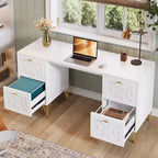 Lantine 59-Inch White Desk with Drawers, Modern Office Desk Writing Table with Gold Legs and Storage for Bedroom, Workspace, Living Room