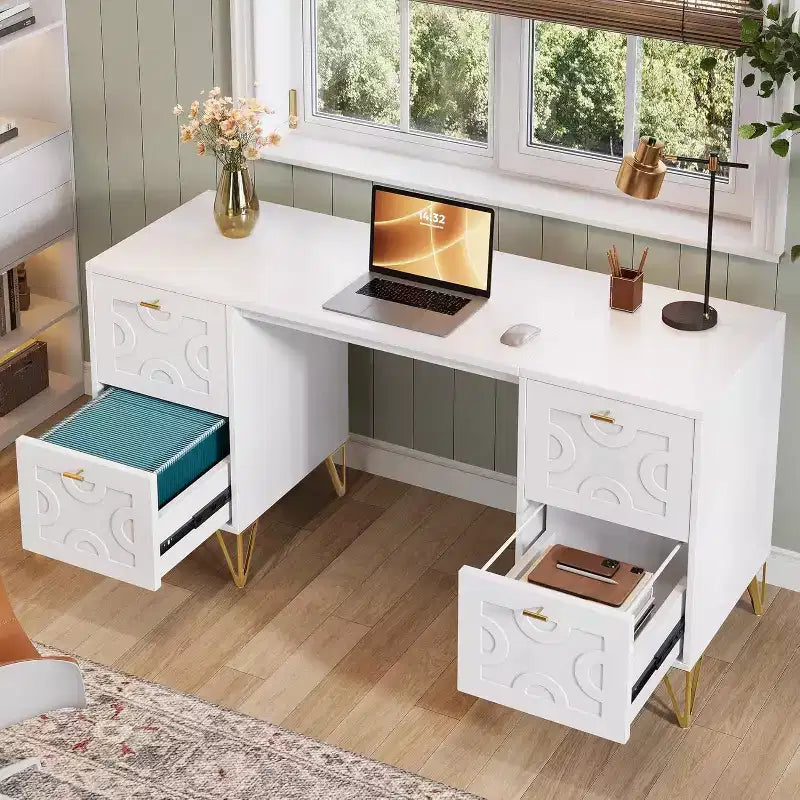 Lantine 59-Inch White Desk with Drawers, Modern Office Desk Writing Table with Gold Legs and Storage for Bedroom, Workspace, Living Room