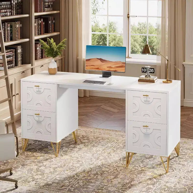 Lantine 59-Inch White Desk with Drawers, Modern Office Desk Writing Table with Gold Legs and Storage for Bedroom, Workspace, Living Room