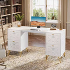 Lantine 59-Inch White Desk with Drawers, Modern Office Desk Writing Table with Gold Legs and Storage for Bedroom, Workspace, Living Room