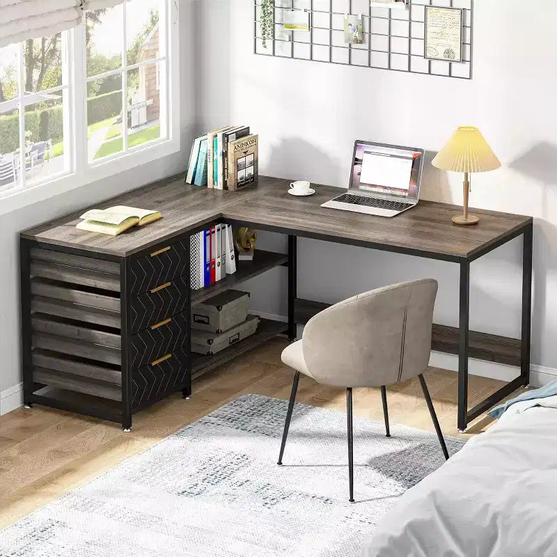 Lantine 59-Inch L-Shaped Computer Desk with Storage Drawers and Shelves, Reversible Corner Desk for Home Office, Grey