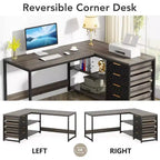 Lantine 59-Inch L-Shaped Computer Desk with Storage Drawers and Shelves, Reversible Corner Desk for Home Office, Grey