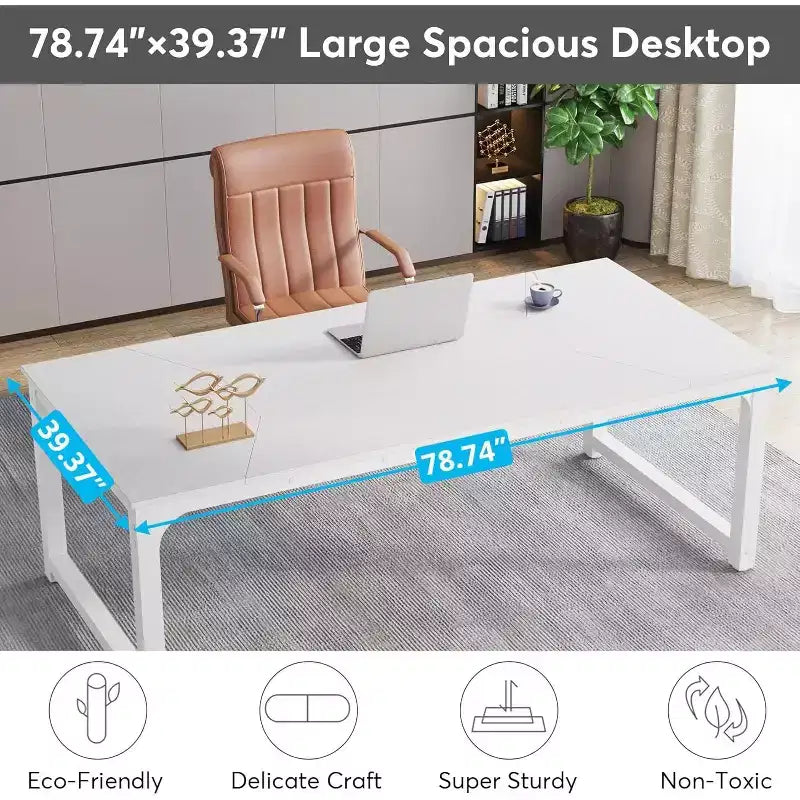 Lantine Modern Computer Desk, 78.7 x 39.4 inch X Large Executive Office Desk Computer Table Study Writing Desk Workstation for Home Office,White