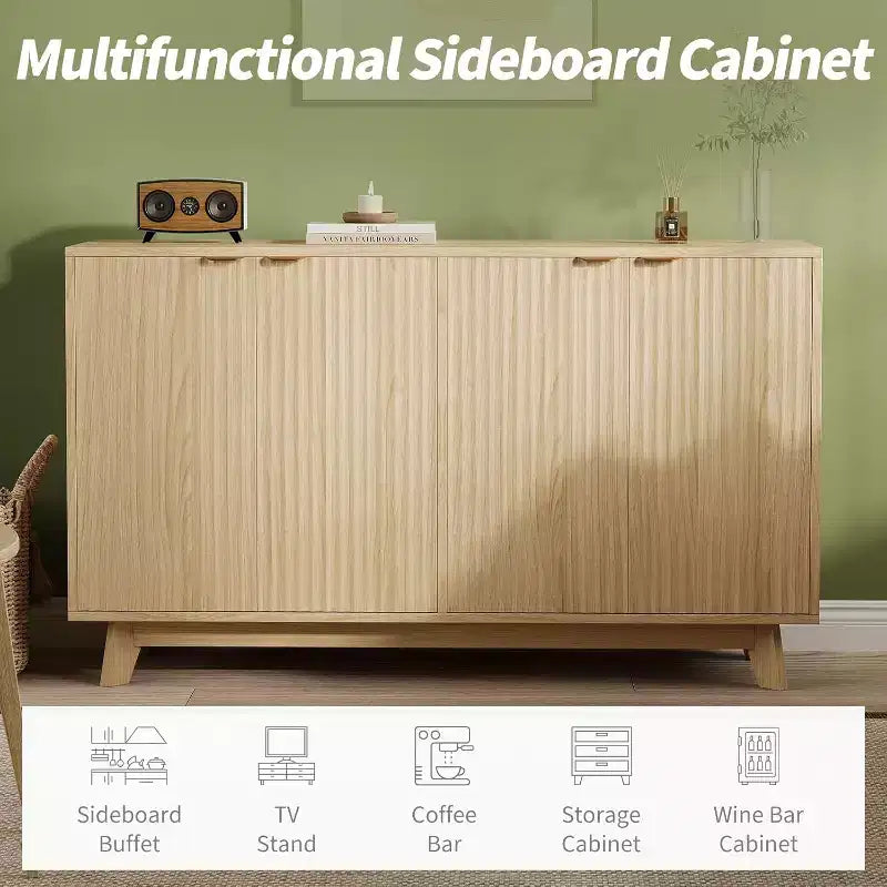 Sideboard Buffet Cabinet with Storage, Modern Fluted Accent Credenza with Doors & Adjustable Shelves, 55.1 in Wood Coffee Bar Console Table