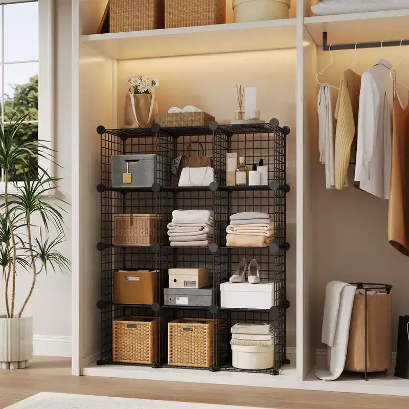 Organisateur de rangement 12 cubes 37 x 13 x 38 Unité d'étagères modulaires en fil de fer pour placard, chambre, bureau (1 pièce)