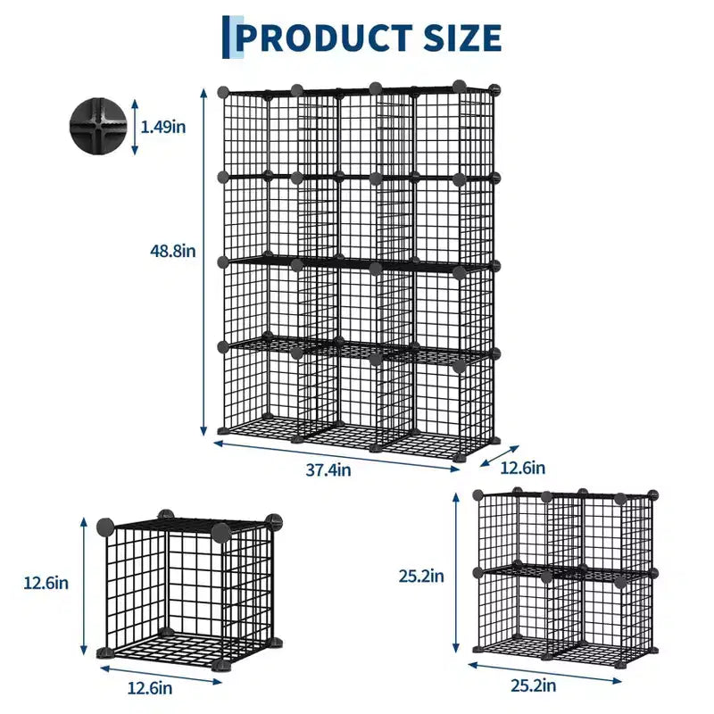 Organisateur de rangement 12 cubes 37 x 13 x 38 Unité d'étagères modulaires en fil de fer pour placard, chambre, bureau (1 pièce)