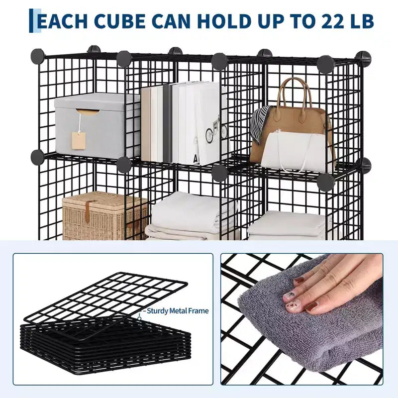 Organisateur de rangement 12 cubes 37 x 13 x 38 Unité d'étagères modulaires en fil de fer pour placard, chambre, bureau (1 pièce)