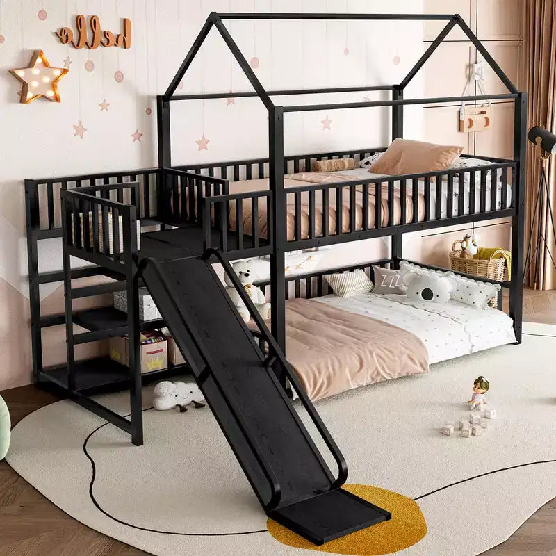 Bellemave House Bunk Bed with Storage Stairs and Slide, Metal House Bunk Bed Frame with Safety Rails for Kids and Teens, Black
