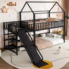 Bellemave House Bunk Bed with Storage Stairs and Slide, Metal House Bunk Bed Frame with Safety Rails for Kids and Teens, Black
